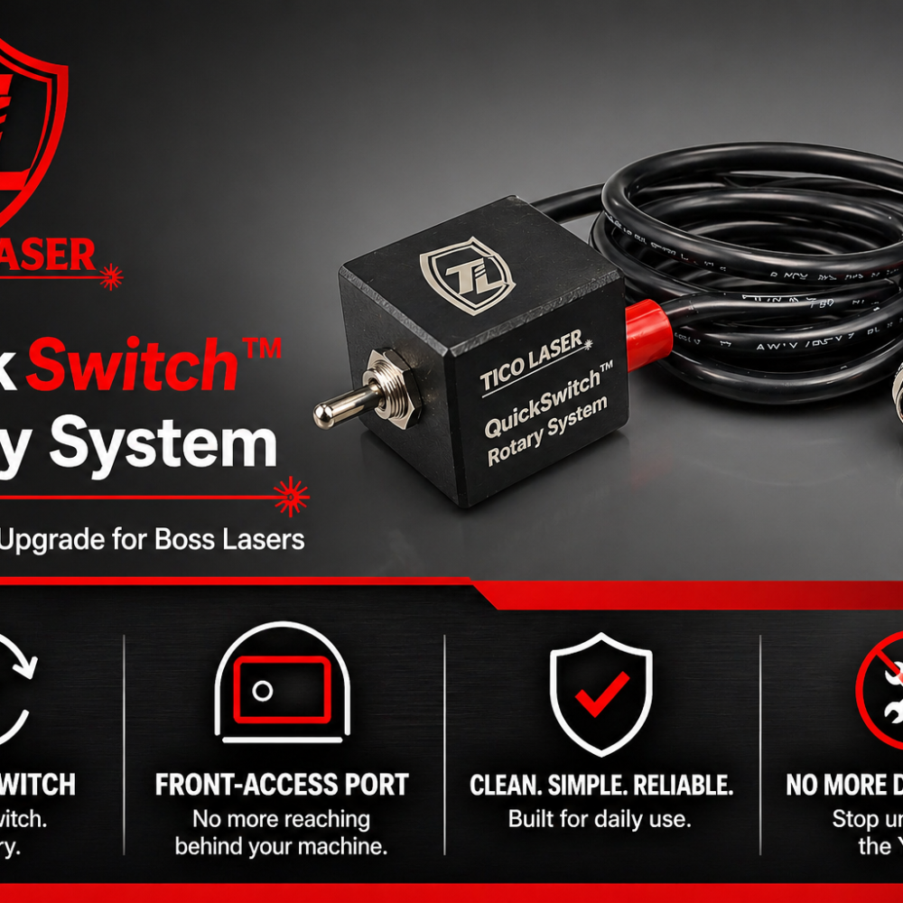 Alternative view of QuickSwitch™ Rotary System
Front-Access Rotary Upgrade for Boss Lasers
